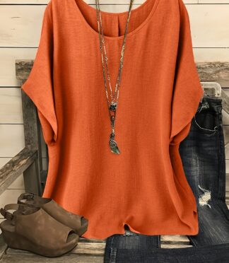 Women'S Casual Summer Top, Round Neck Short Sleeve Loose Fit Solid Color Machine Washable Vacation Casual Outing Beach Top Relaxed Fit Shirt, Glossy Texture Beachwear