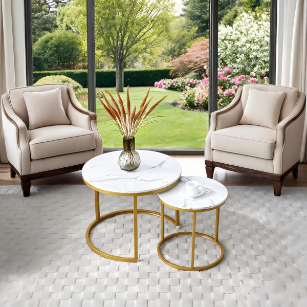 Space Saving Nesting Coffee Table Set Of 2, Modern Faux Marble Round Tables with Golden Frame, Small Apartment Living Room Furniture